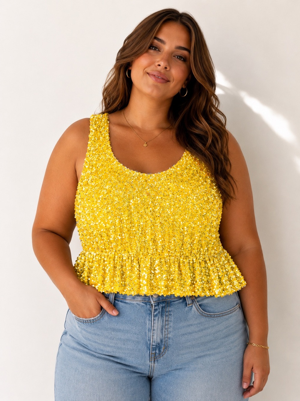 Endless Rose Butter Yellow Sequin Scoop Neck Ruffled Hem Top Sz. L